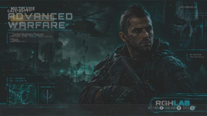 Advanced Warfare multiplayer menu with an RGHLab custom background