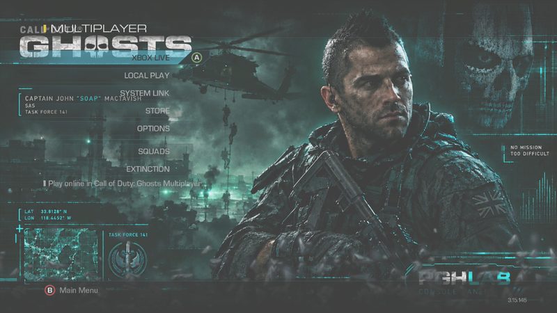 Call of Duty Ghosts multiplayer menu with an RGHLab custom background